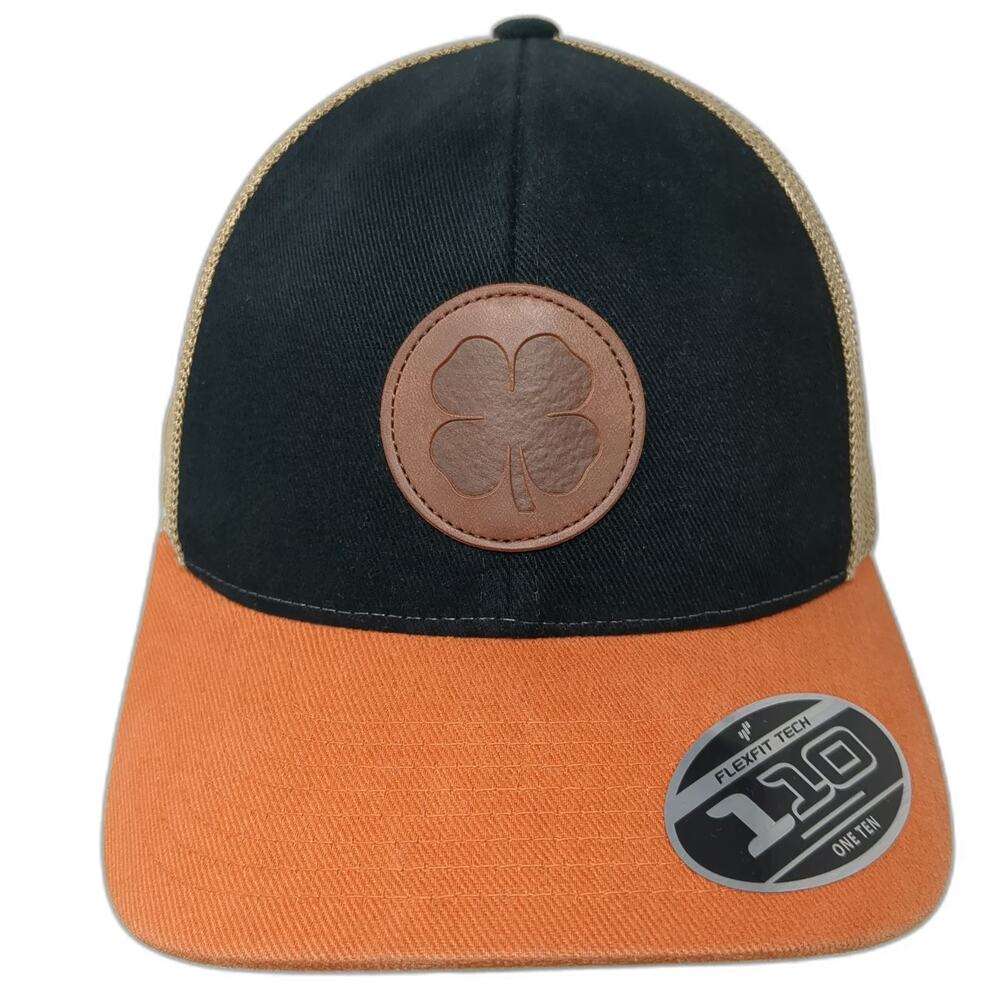 Black Clover Trucker Hat Black Orange One Size Leather Patch Live Lucky
